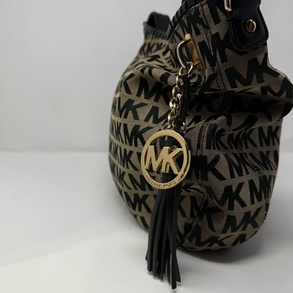 Michael Kors MK Logo Jacquard Hobo Shoulder Bag Black Tan Tassel Charm